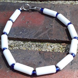 Blue and White Beaded Bracelet Large Size